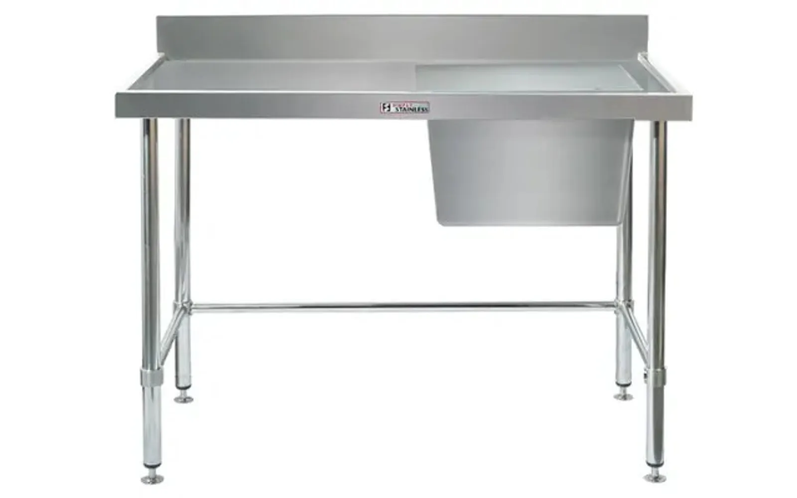 Simply Stainless SS05.1200.R.LB Single Sink Bench with Splashback - with leg brace (600 Series) - 1200mm - Right Hand Sink