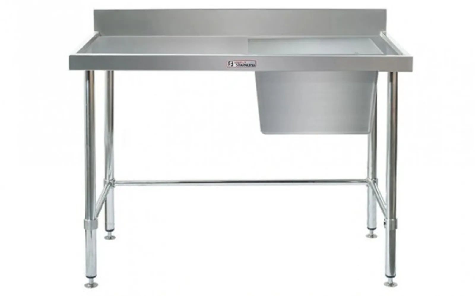 Simply Stainless SS05.2100.R.LB Single Sink Bench with Splashback - with leg brace (600 Series) - 2100mm -  Right Hand Sink