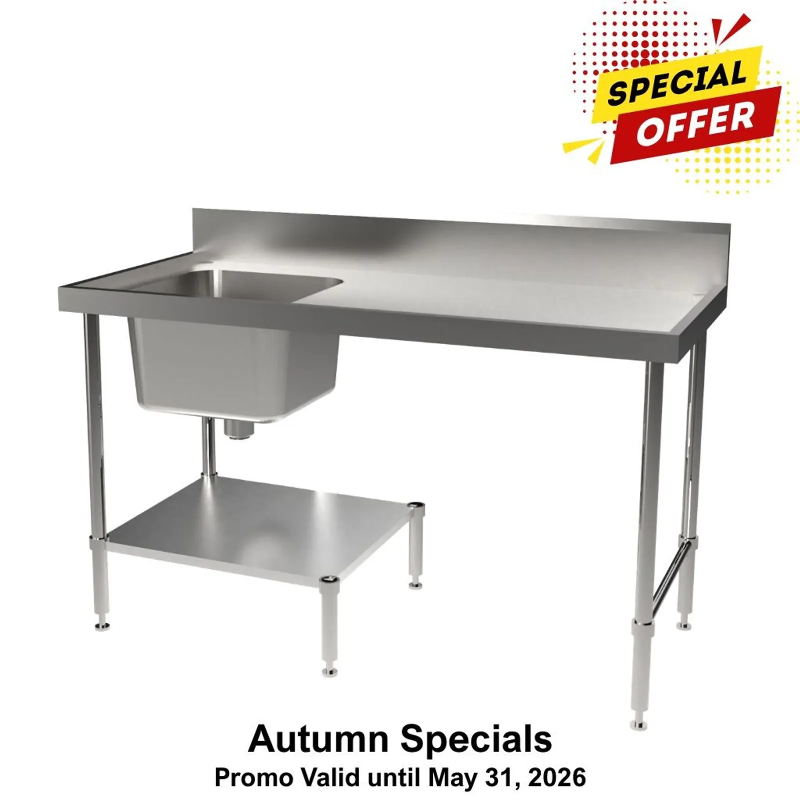Simply Stainless SS05.7.1500.L.DWB Undercounter Dishwash Bench with Splashback - 1500mm - Left Hand Sink