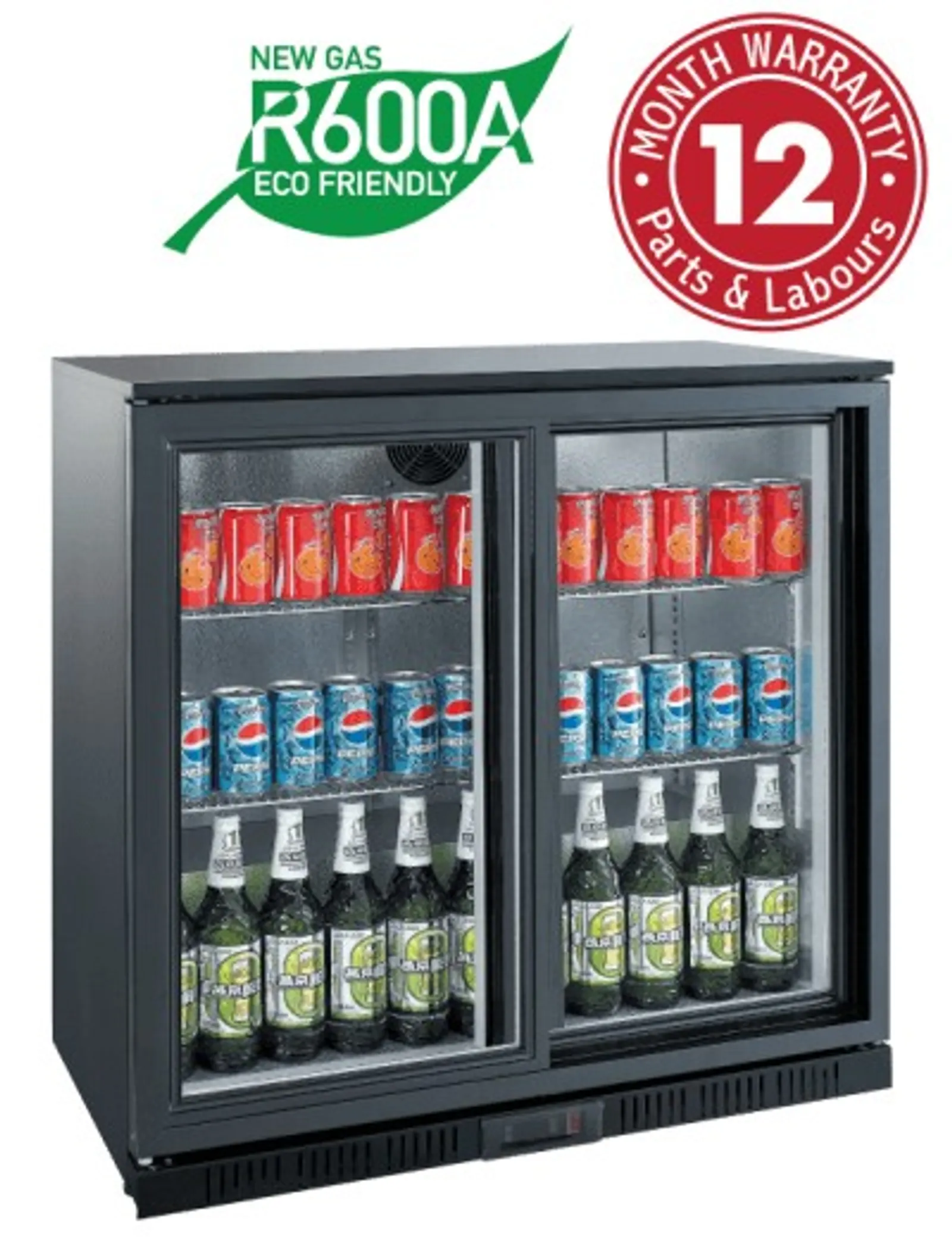 Exquisite UBC210SL Two Sliding Doors Backbar Display Refrigerators, Low Height