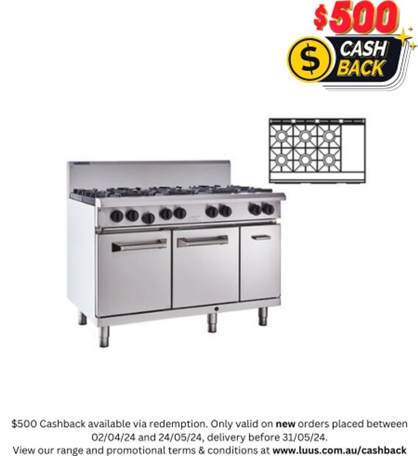 LUUS RS-6B3P - 6 Burner, 300 Wide Griddle & Oven