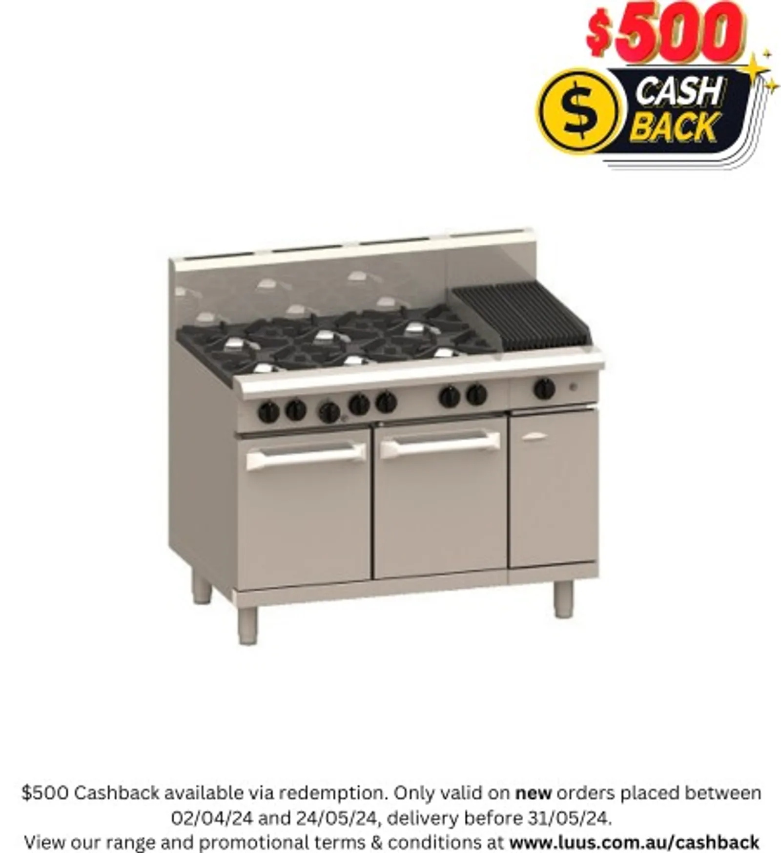 LUUS RS-6B3C - 6 Burners, 300 Wide Chargrill & Oven