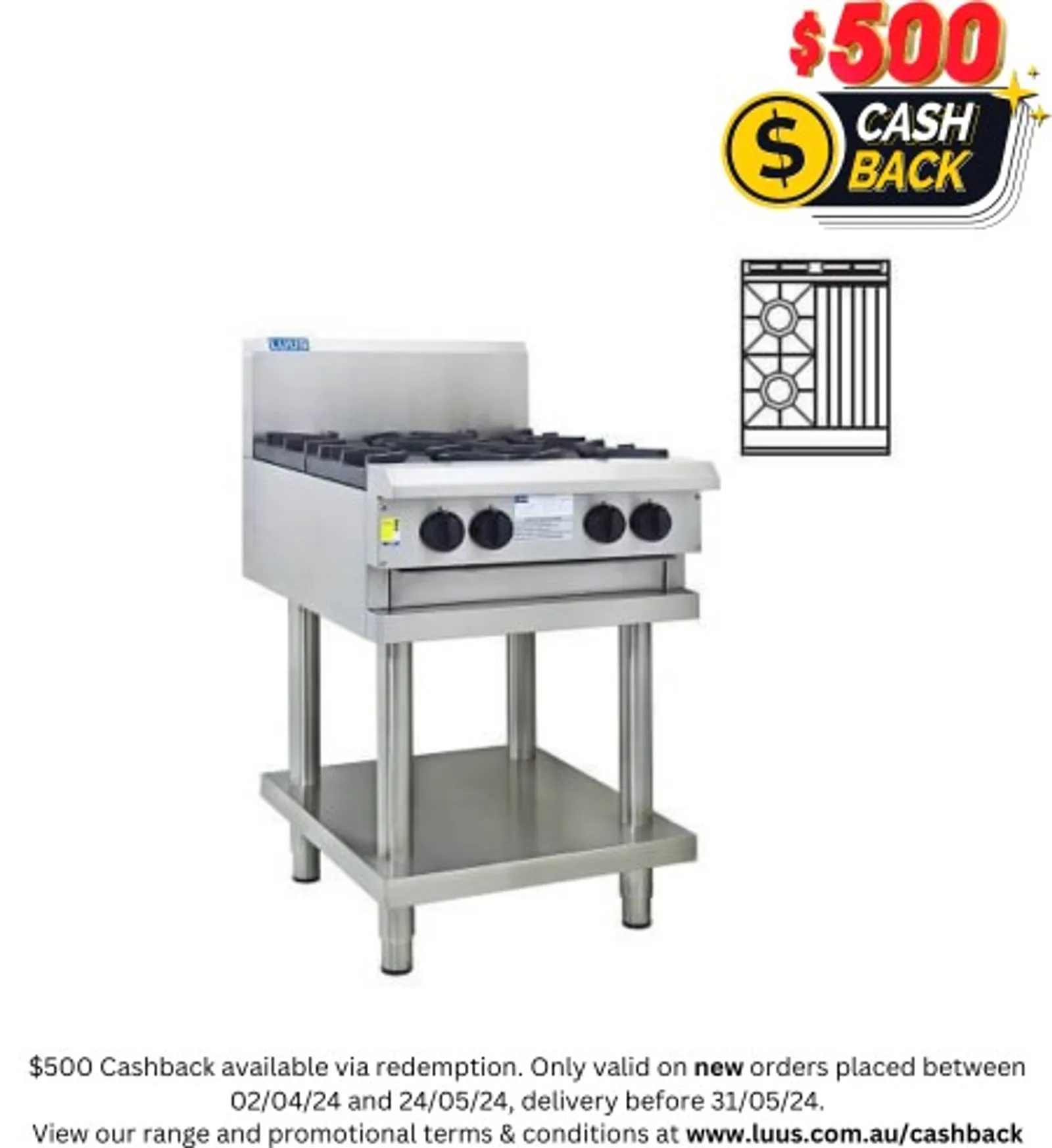 LUUS CS-2B3C - 2 Burners + 300 Wide Chargrill Cooktop