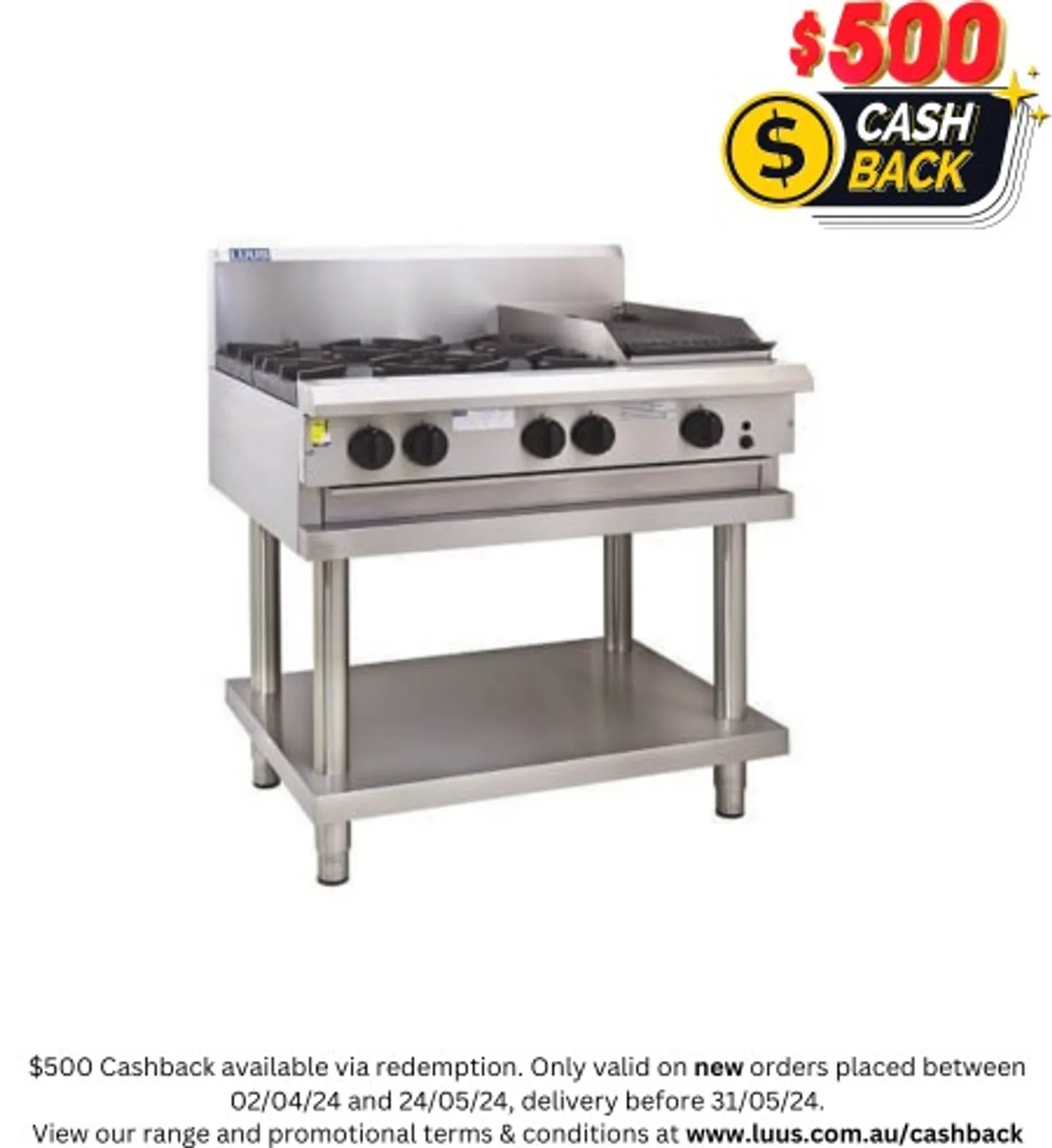 LUUS CS-4B3C - 4 Burner + 300 Wide Chargrill Cooktop