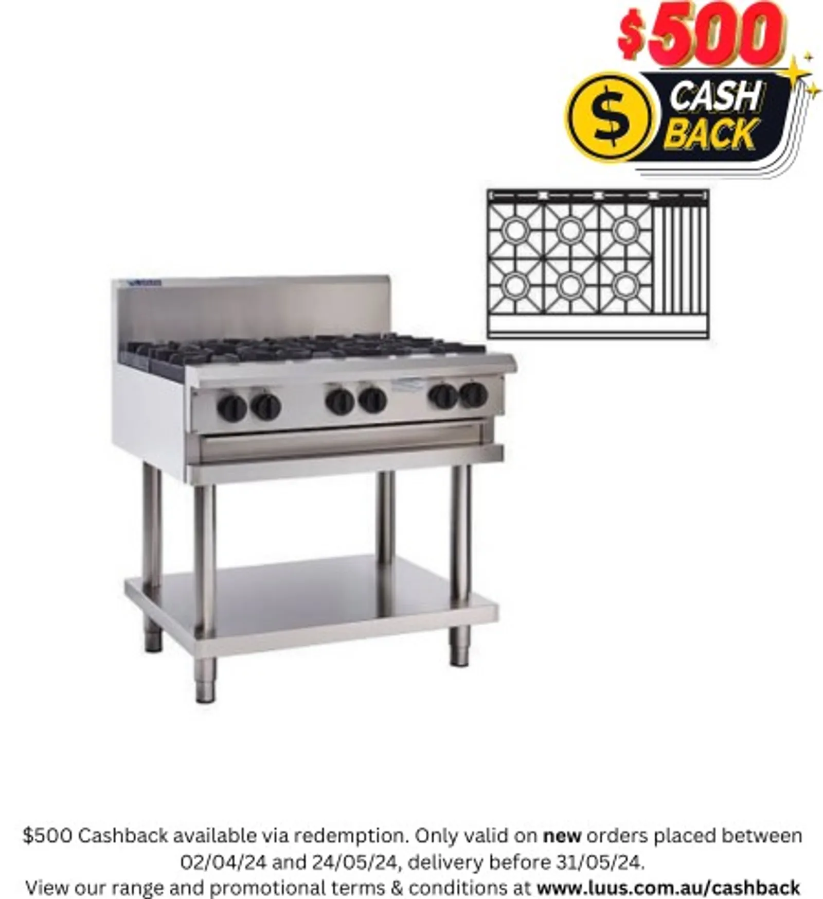 LUUS CS-6B3C - 6 Burner + 300 Wide Chargrill Cooktop