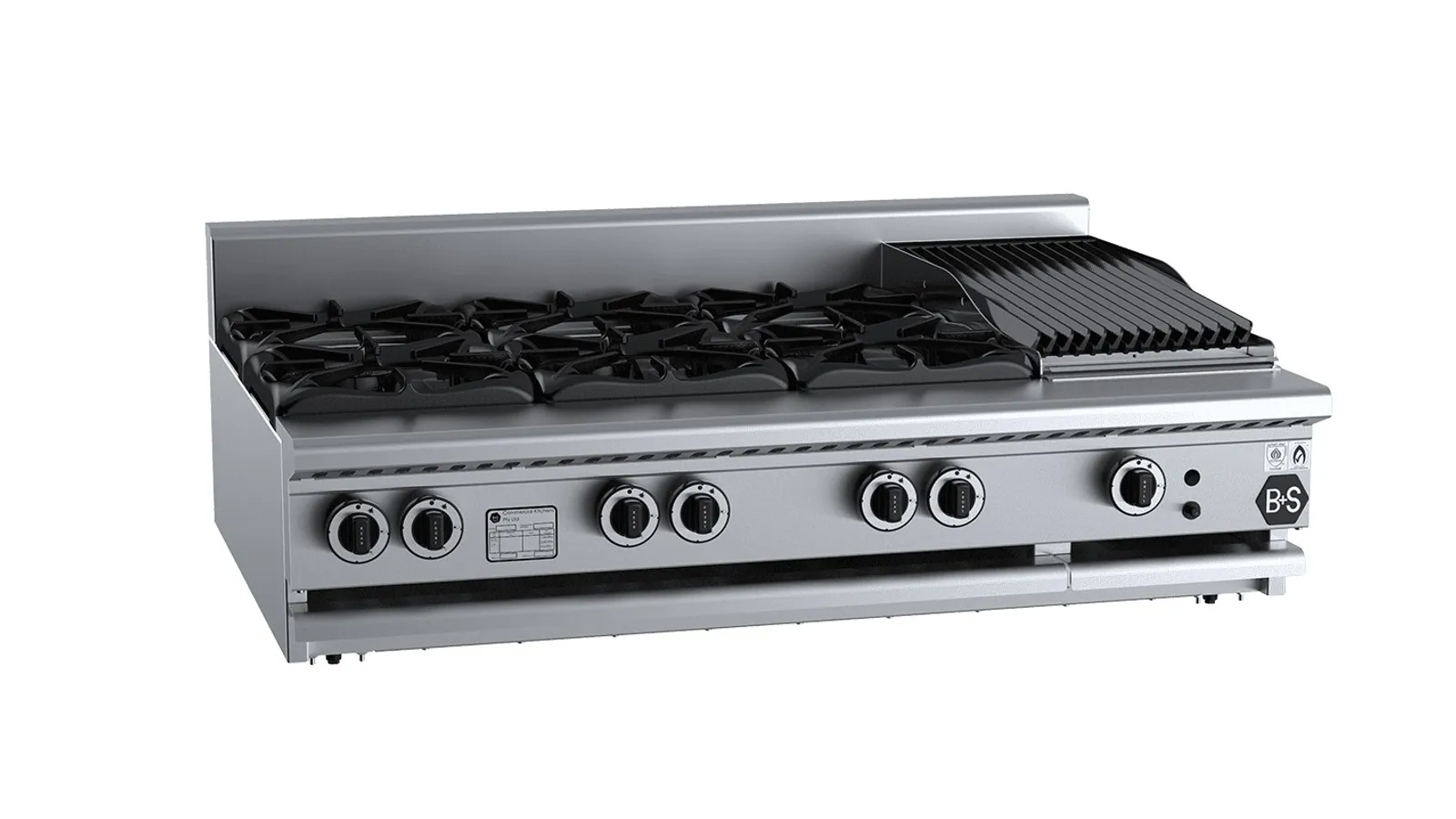 B+S Black BT-SB6-CBR3BM - Combination 6 Open Burners 300mm Char Broiler Bench Mounted