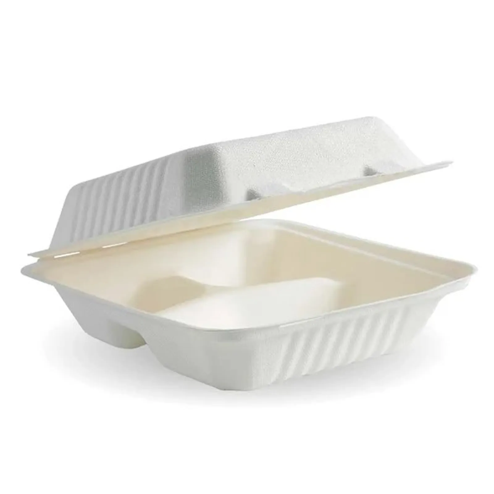 BioPak B-DHL-83 - 20x22x8cm / 7.8x8x3in 3-Compartment White Plant Fibre Clamshell
