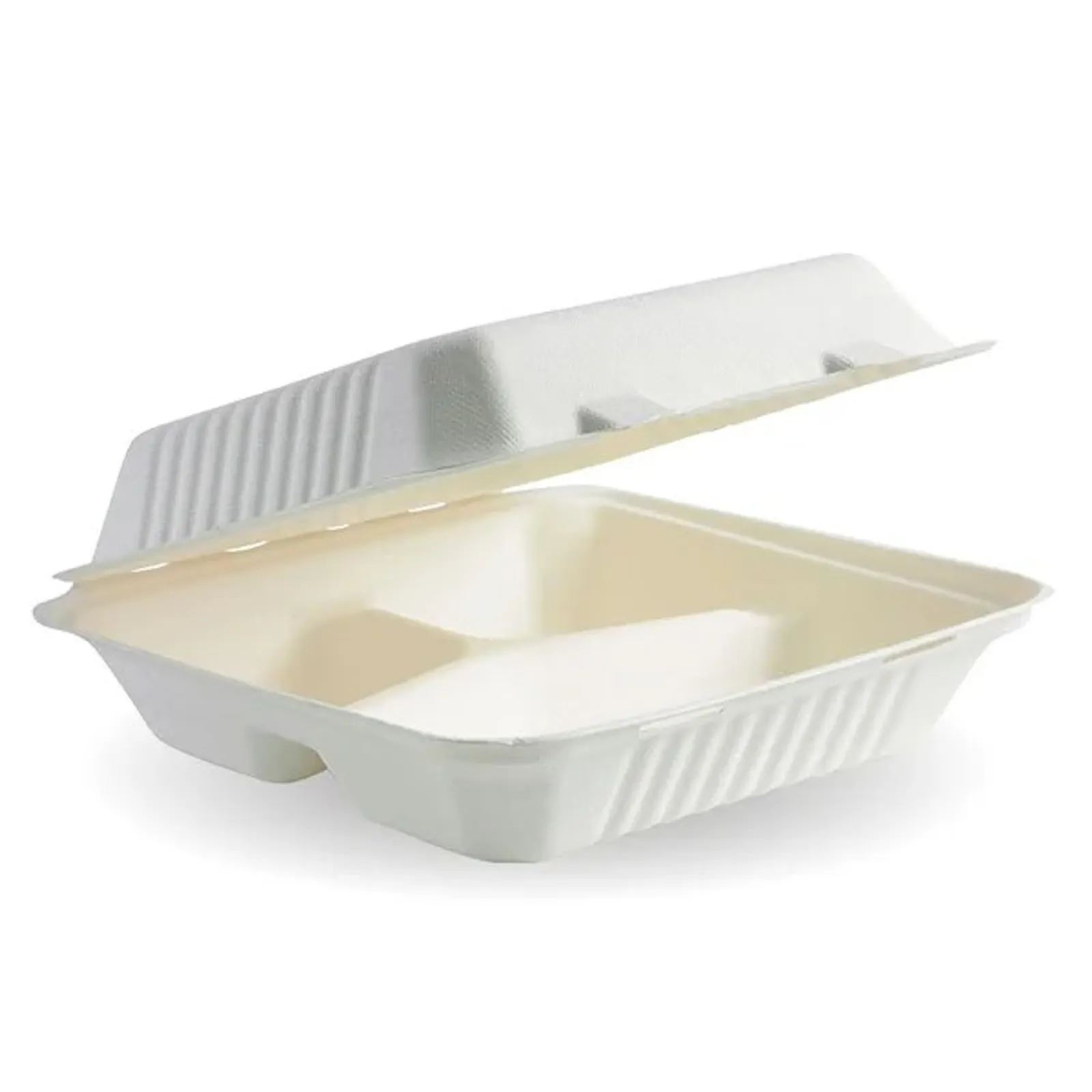 BioPak B-HL-93 - 23x23x8cm 3-Compartment White Plant Fibre Clamshell