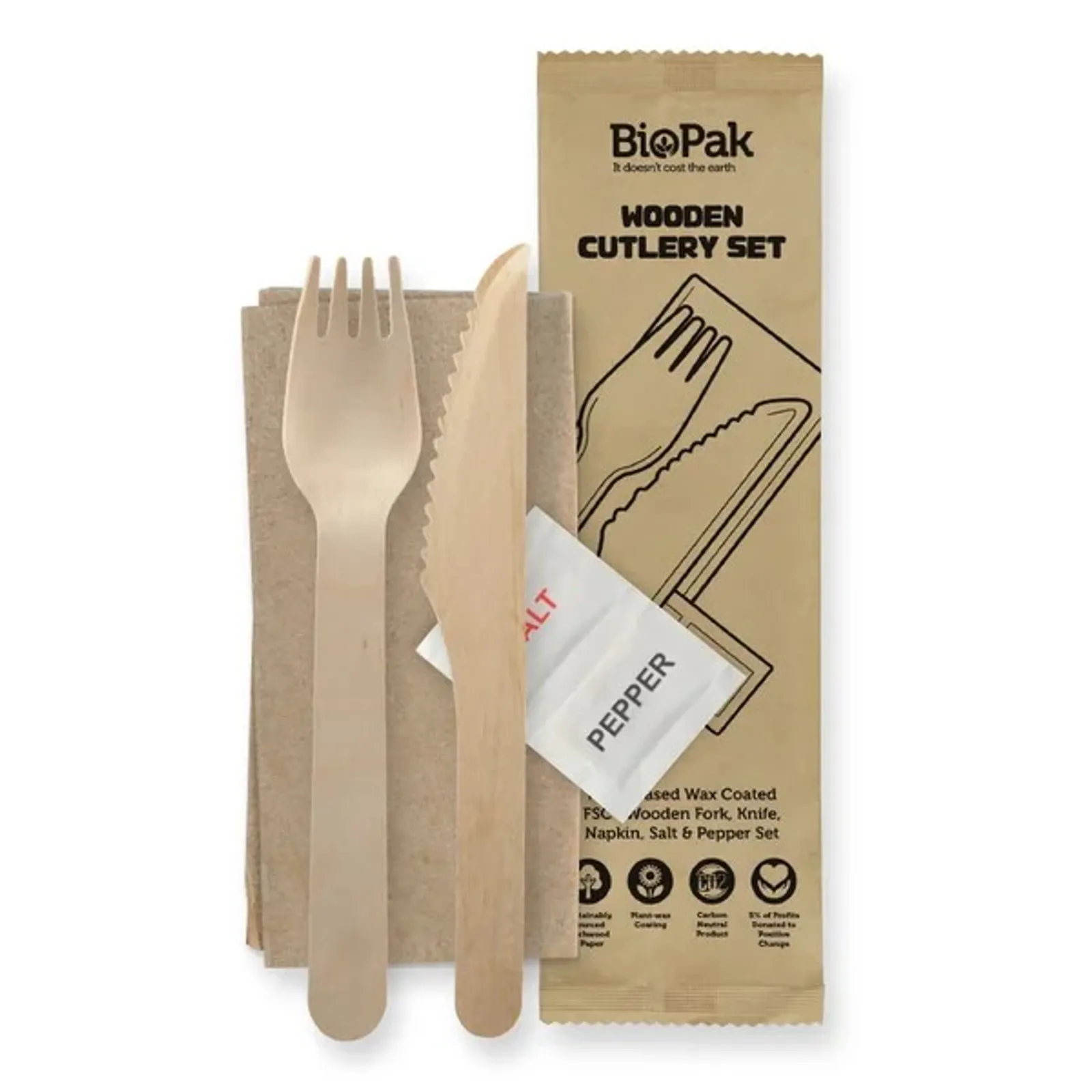 BioPak HY-16KFNSP-COATED - 16cm Coated Wood Knife, Fork, Napkin, Salt & Pepper Set