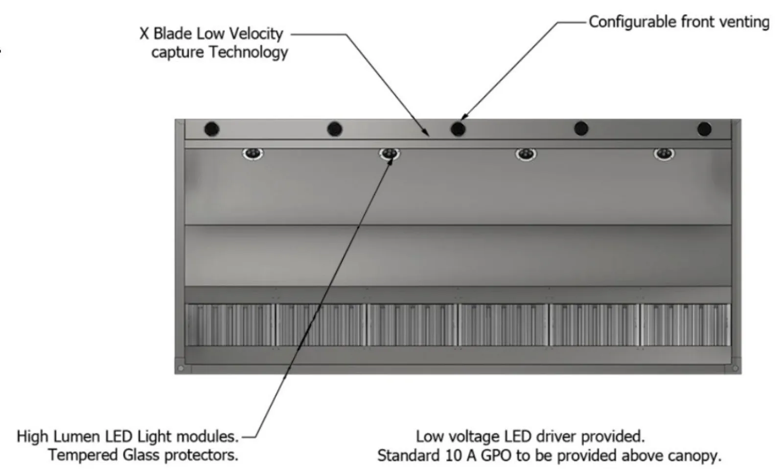 Xtractair XLV-3014 - Low Velocity Commercial Kitchen Exhaust Canopy (3000W x 1400D x 600H)