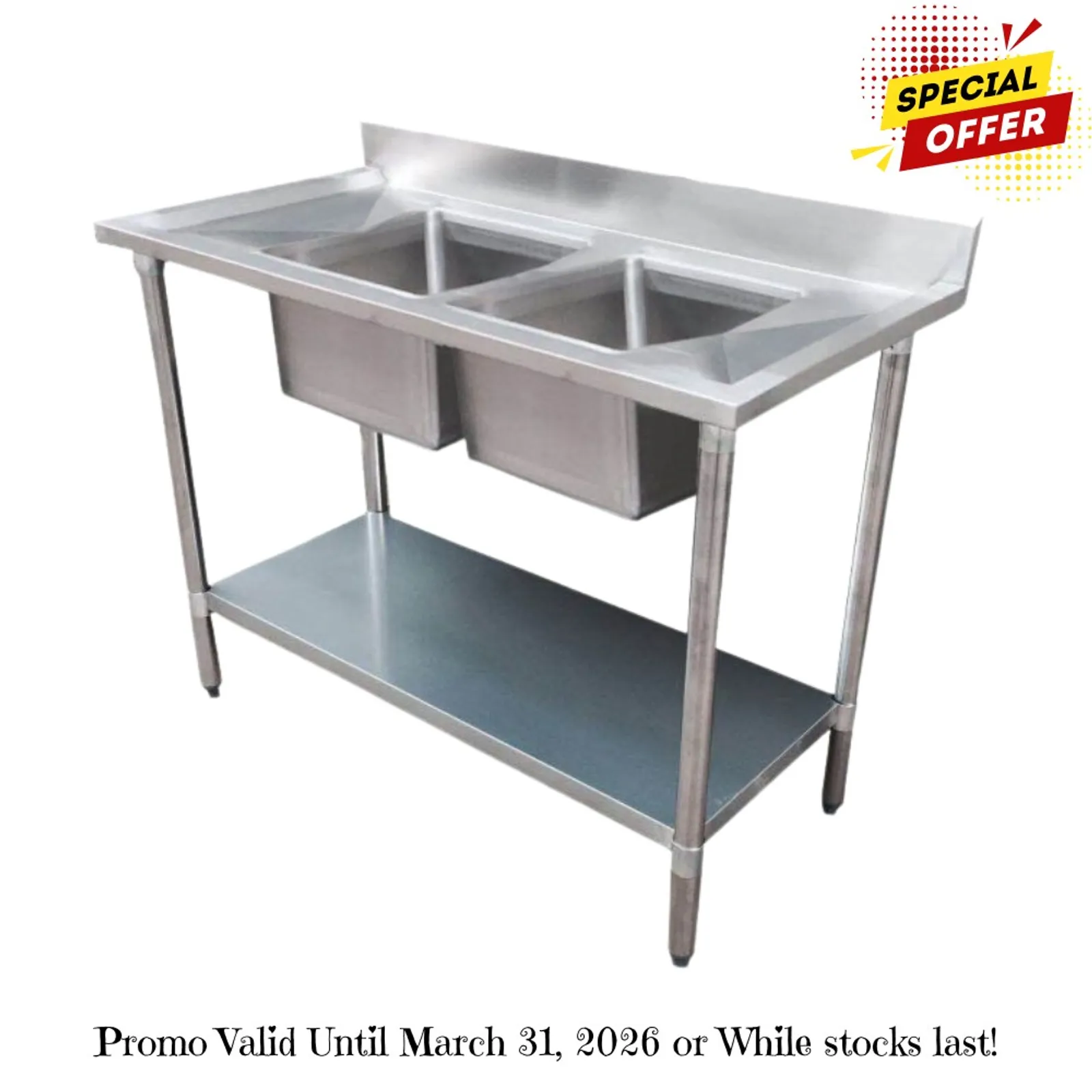 Modular Systems 1200-6-DSBC - Economic 304 Grade SS Centre Double Sink Bench 1200x600x900 with two 400x400x250 sinks