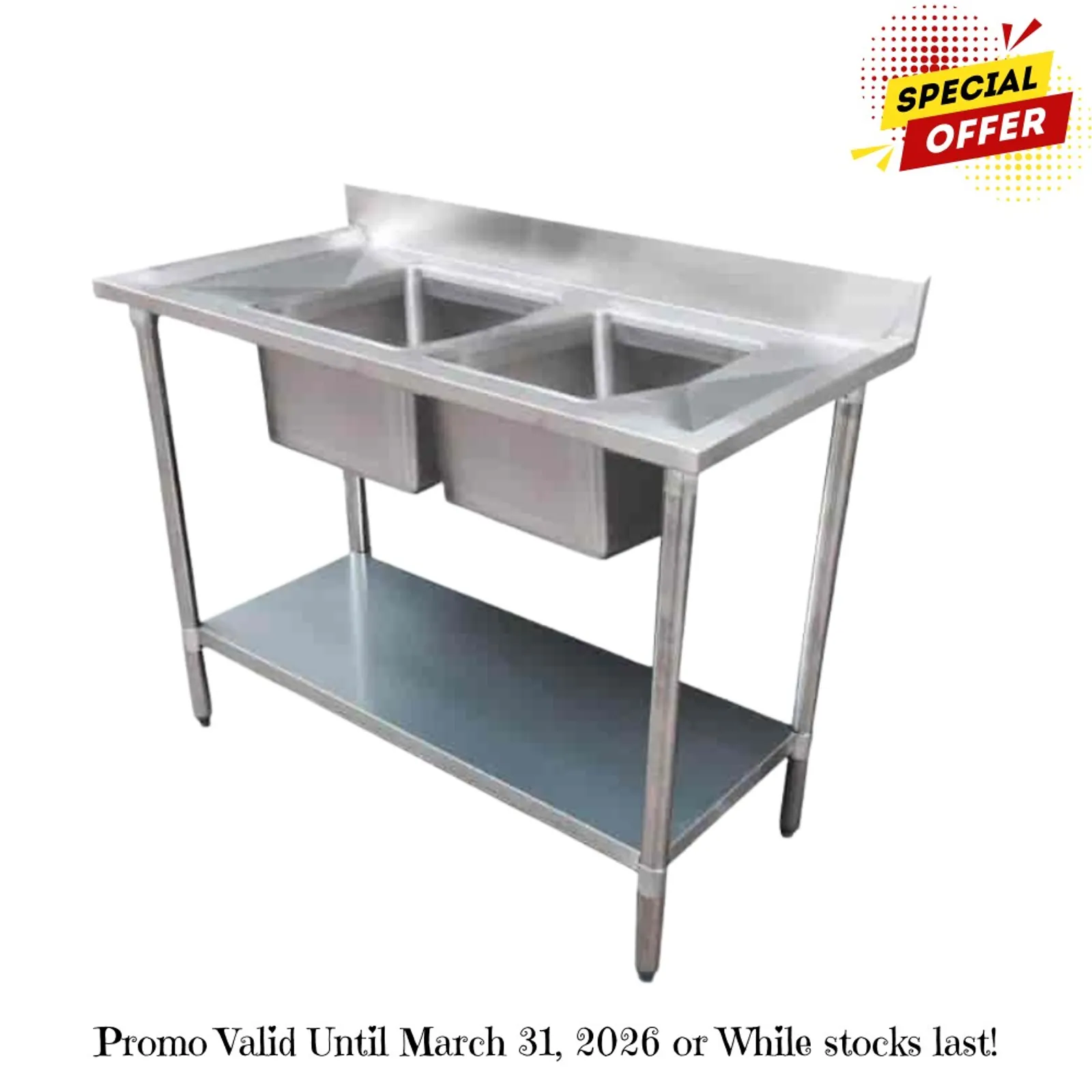 Modular Systems 1800-6-DSBC - Economic 304 Grade SS Centre Double Sink Bench 1800x600x900 with two 610x400x250 sinks