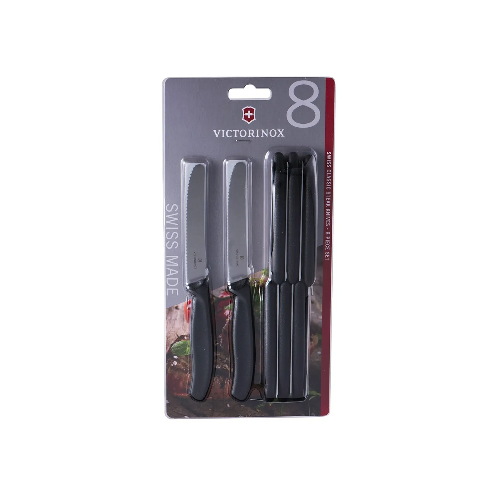 Victorinox 6.7833.8 - Steak & Tomato Knife, 11cm Round Tip, Wavy Edge, 8 pc Set Black