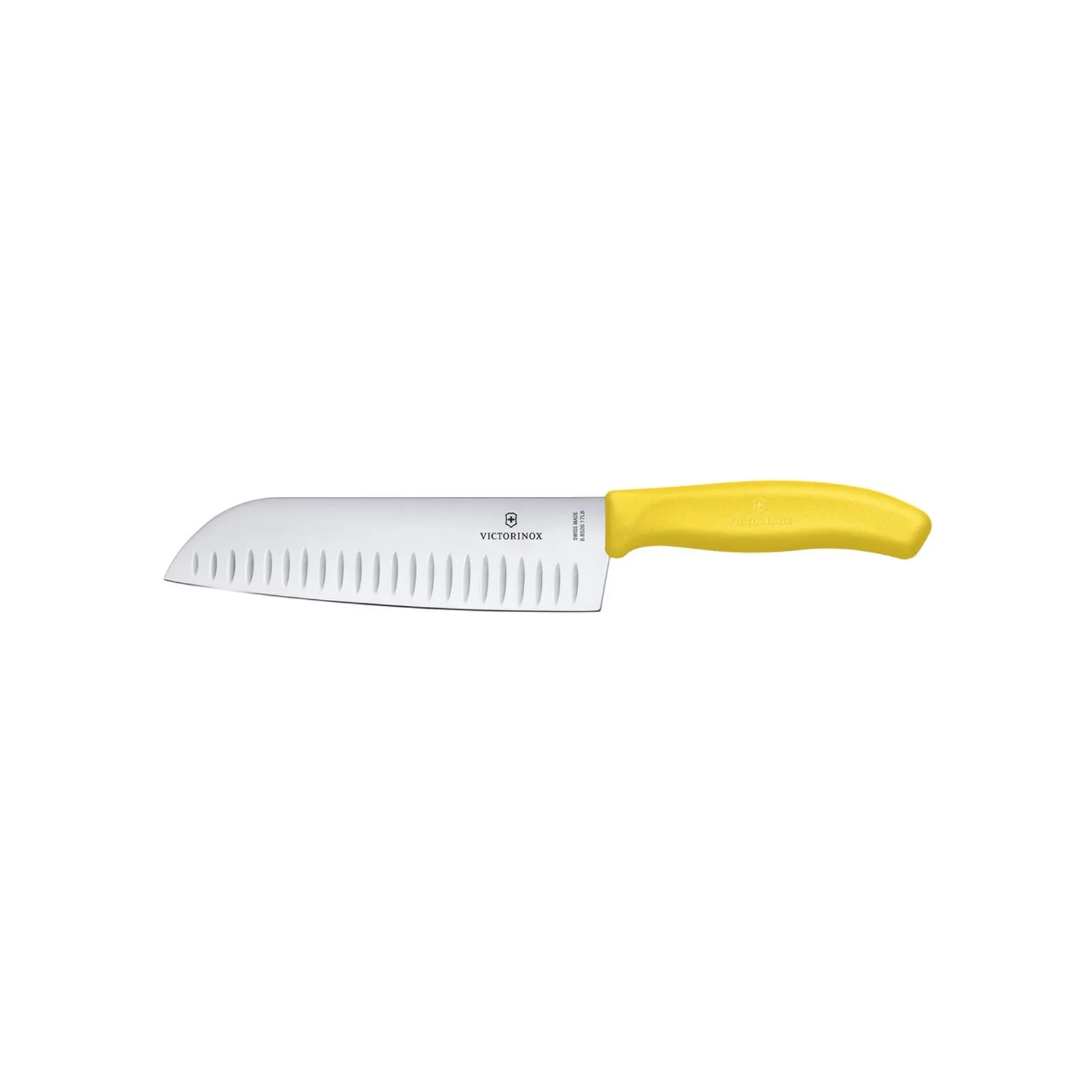 Victorinox 6.8526.17L8B - Santoku Knife, 17cm, Fluted Wide Blade, Classic, Yellow, Blister