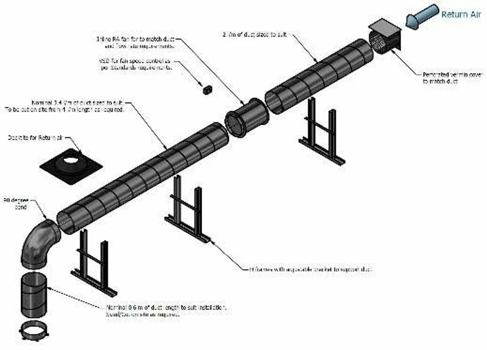 XtractAir Kitchen Exhaust Hood Canopy Return Air Kit Type 1 18" - Rigid Duct Horizontal suits External Flat Roof - Most Popular