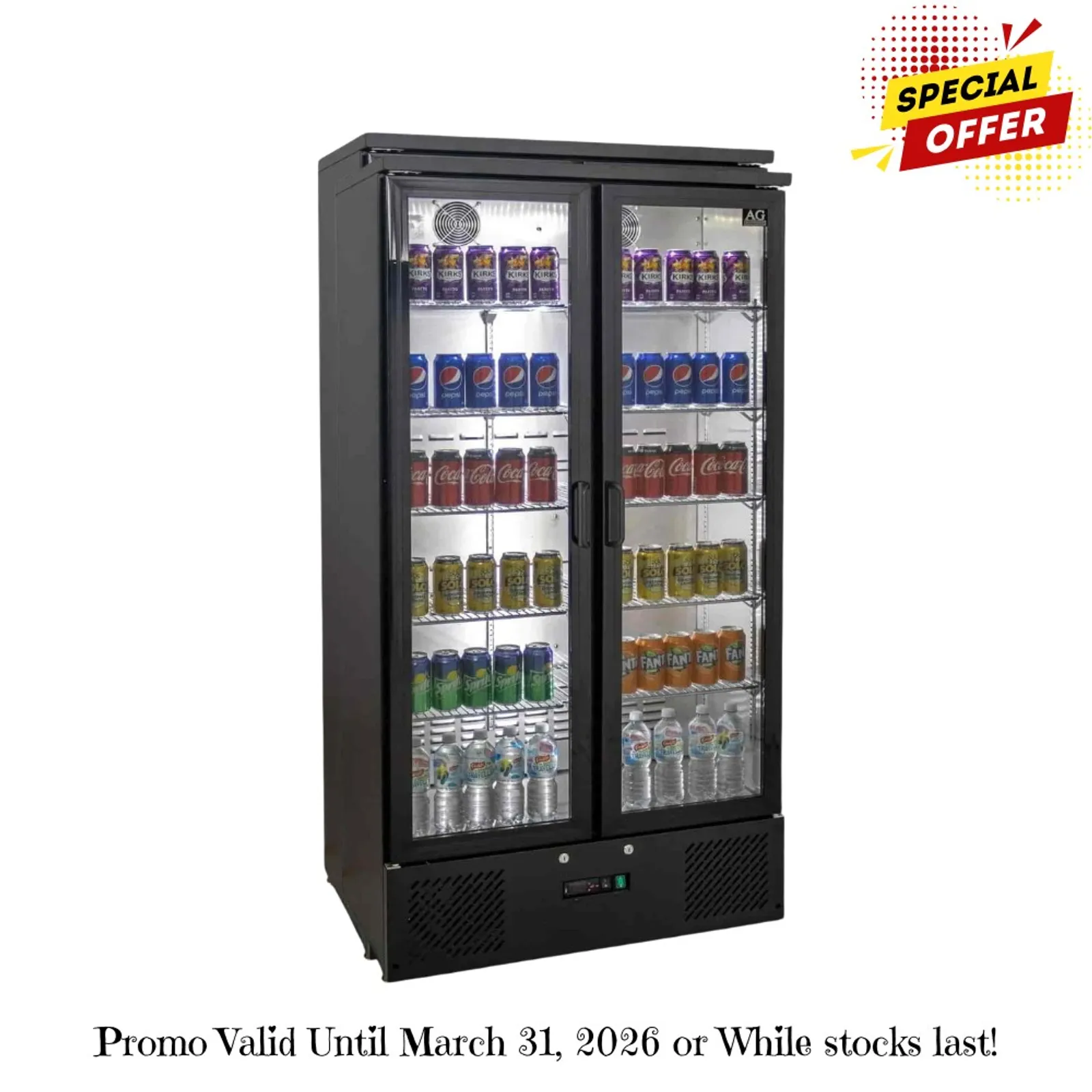 AG Equipment B500G - 477L Upright Double Glass Door Display / Backbar Fridge - Black