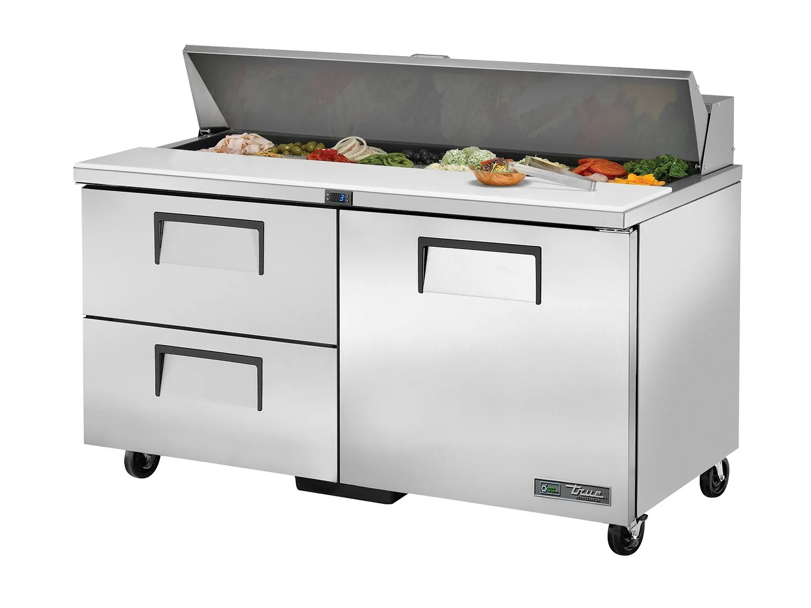 True Refrigeration TSSU-60-16D-2-HC - Prep Table, 16x 1/6 Top Pans, 2 Drawers + 1 Solid Swing Door
