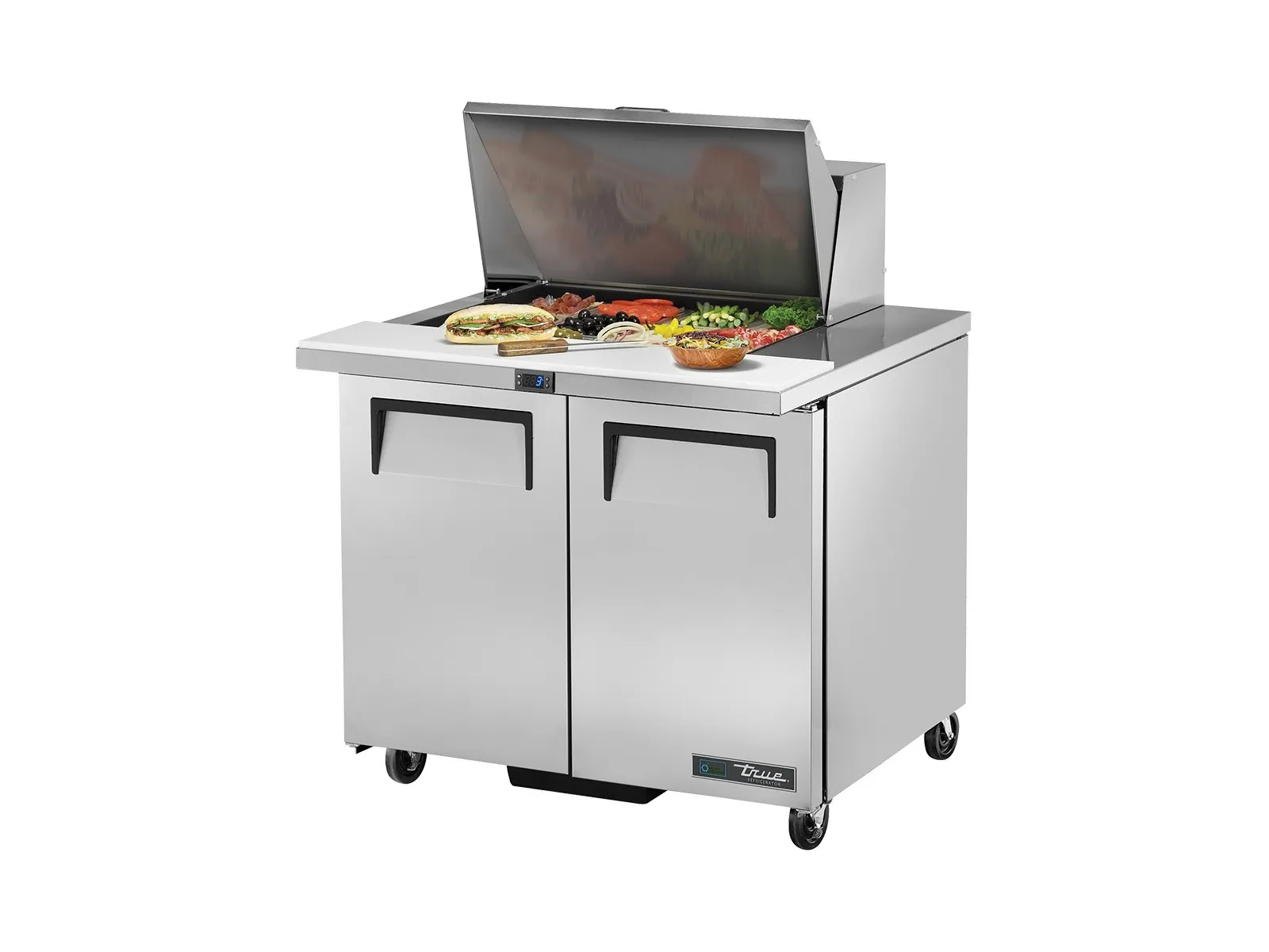True Refrigeration TSSU-36-12M-B-HC - Prep Table, 12x 1/6 Top Pans, 2 Solid Swing Doors
