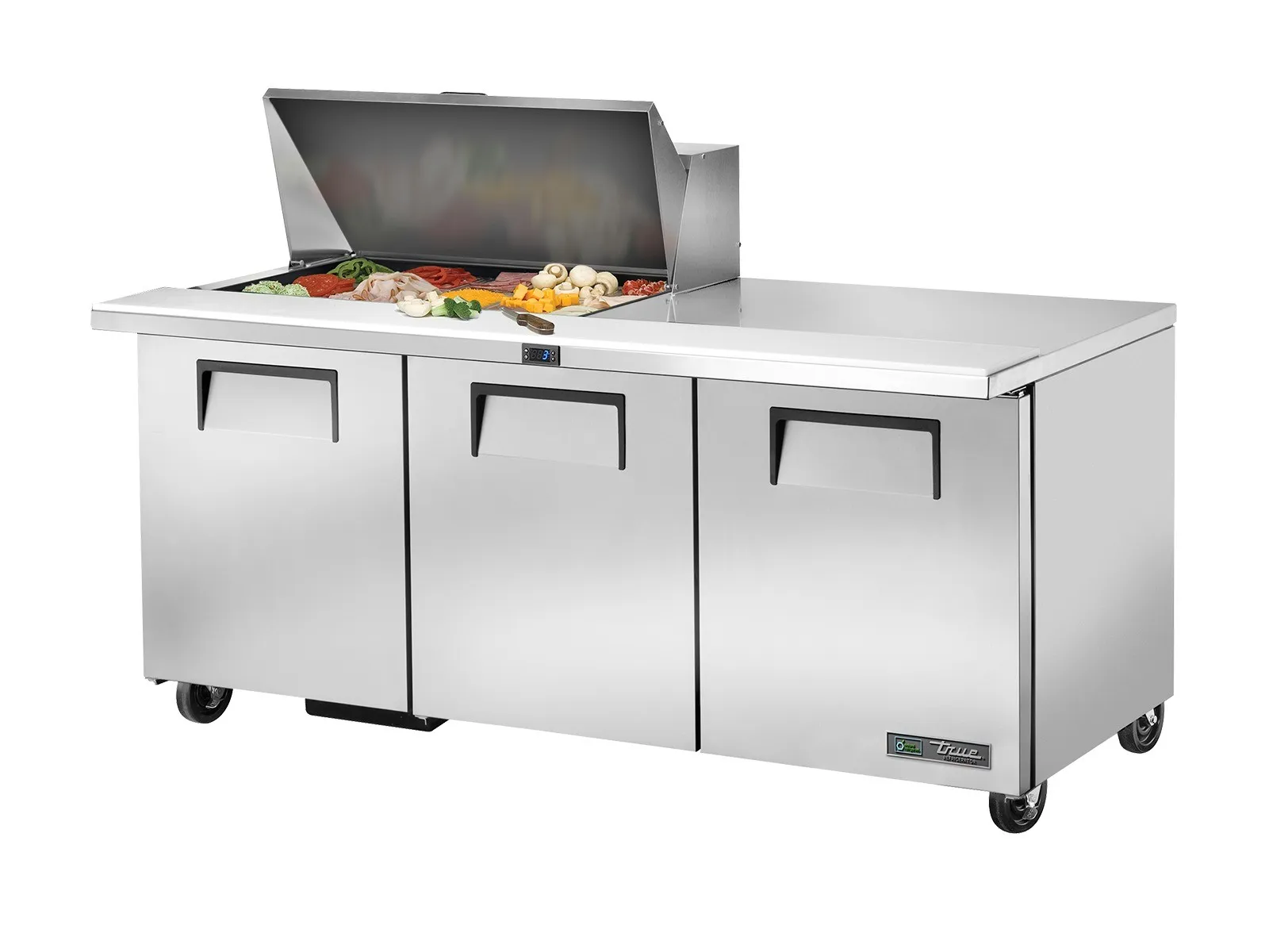 True Refrigeration TSSU-72-15M-B-HC - Prep Table, 15x 1/6 Top Pans, 3 Solid Swing Doors