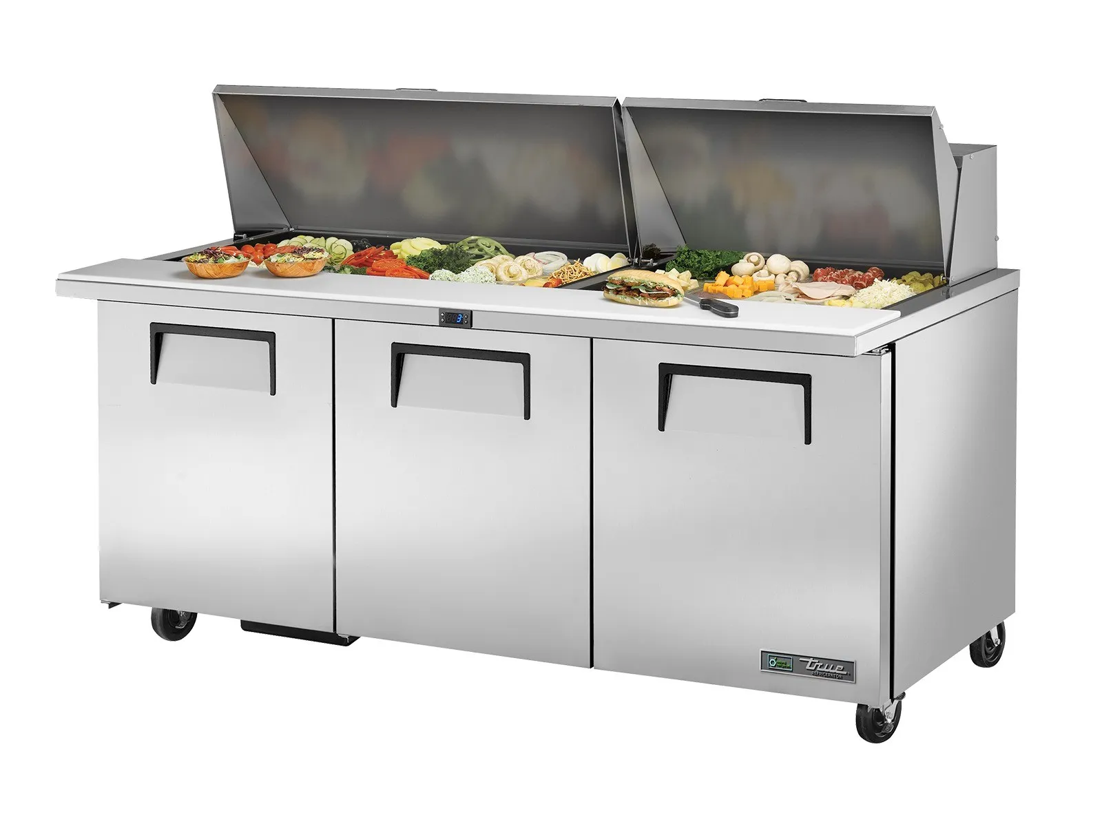 True Refrigeration TSSU-72-30M-B-ST-HC - Prep Table, 30x 1/6 Top Pans, 3 Solid Swing Doors