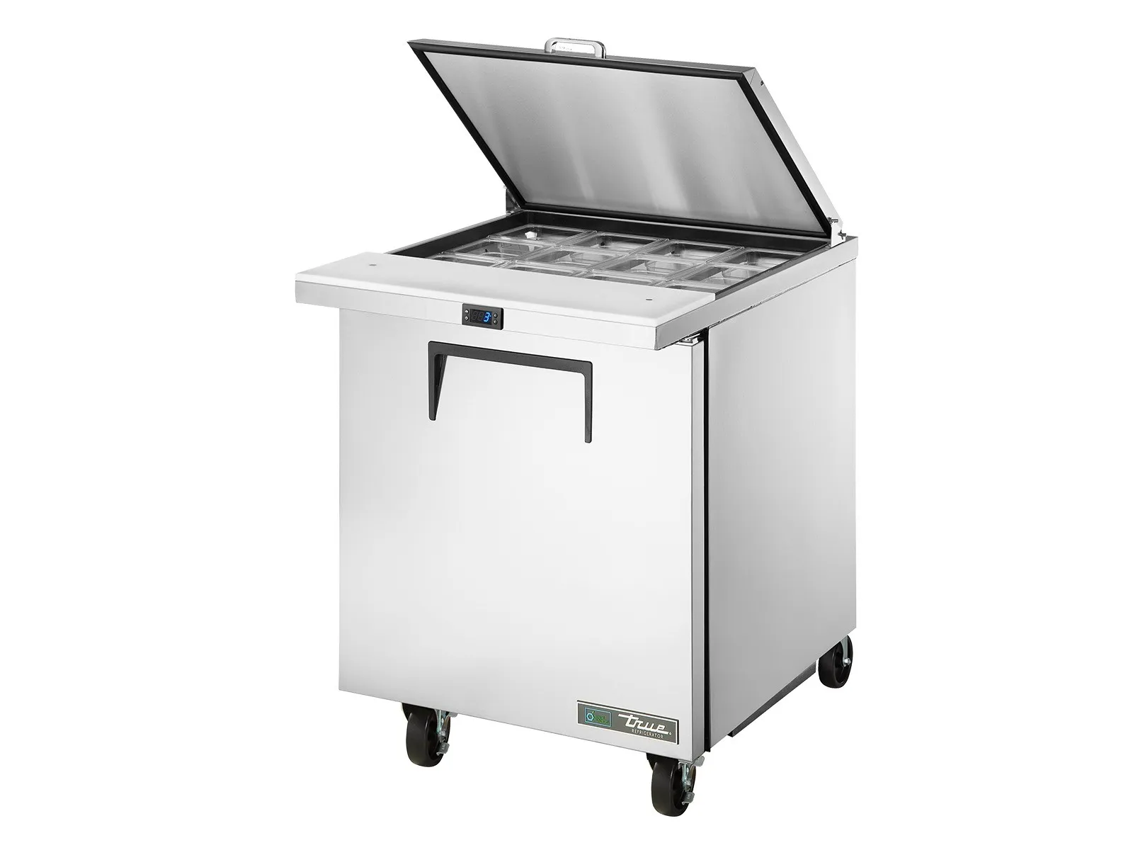 True Refrigeration TSSU-27-12M-C-HC FLID - Prep Table, 12x 1/6 Top Pans, 1 Solid Swing Door, Removable lids
