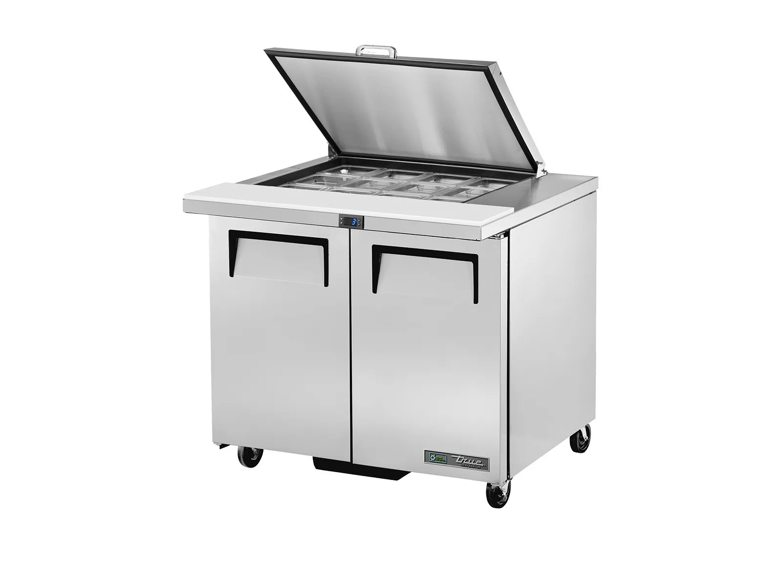 True Refrigeration TSSU-36-12M-B-HC FLID - Prep Table, 12x 1/6 Top Pans, 2 Solid Swing Doors, Removable lids