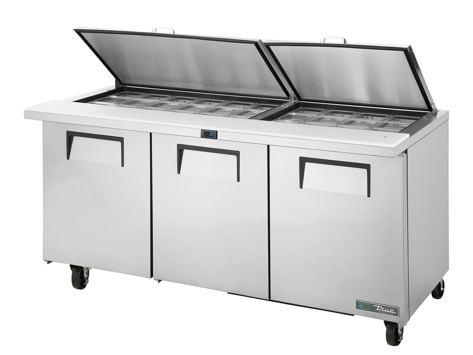 True Refrigeration TSSU-72-30M-B-ST-HC FLID - Prep Table, 30x 1/6 Top Pans, 3 Solid Swing Doors, Removable lids