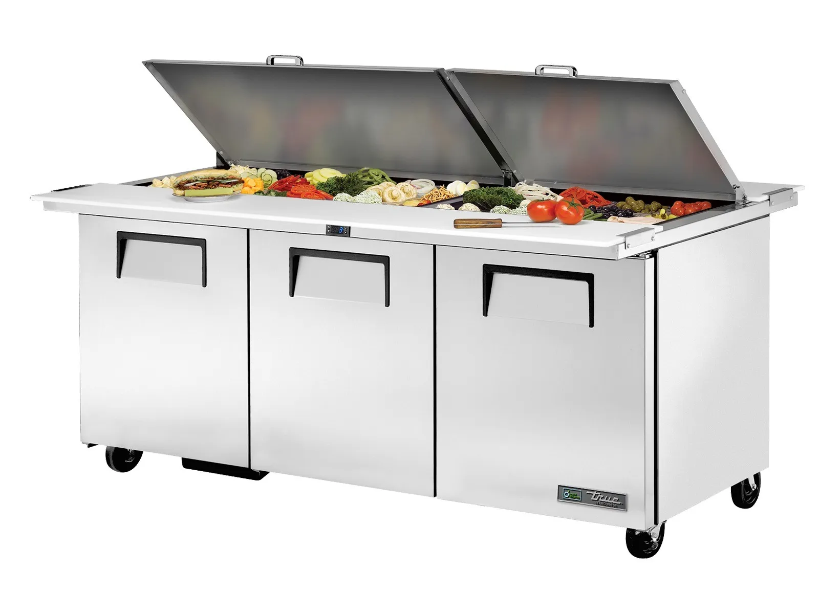True Refrigeration TSSU-72-30M-B-DS-ST-HC - "Dual-Sided"Prep Table, 30x 1/6 Top Pans, 3 Solid Swing Doors