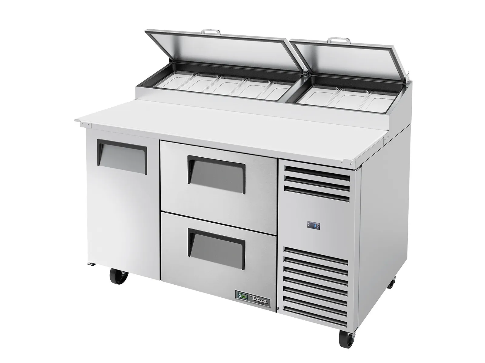 True Refrigeration TPP-AT-60D-2-HC - Pizza Prep Table, 8x 1/3 Top Pans, 2 Drawers + 1 Solid Swing Door