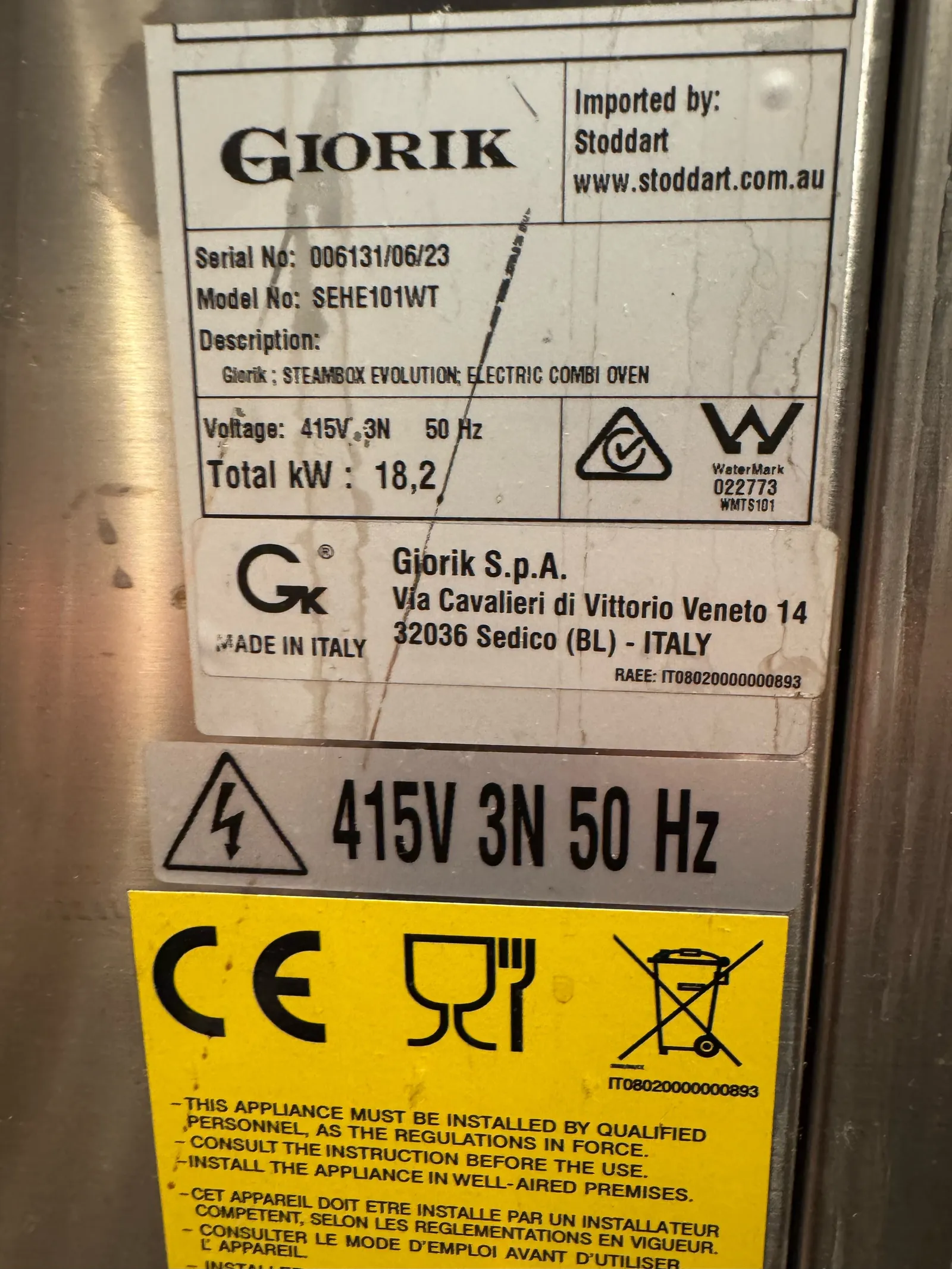 Giorik SEHEST.11.0610  Stacked Combi Oven - 6 on 10 x 1/1 GN with Hood & Stand - Used