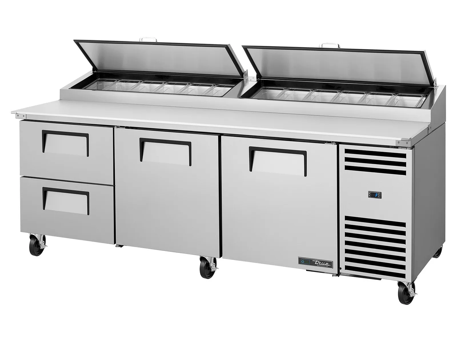 True Refrigeration TPP-AT2-93D-2-HC - Pizza Prep Table, 12x 1/3 Top Pans, 2 Drawers + 2 Solid Swing Doors