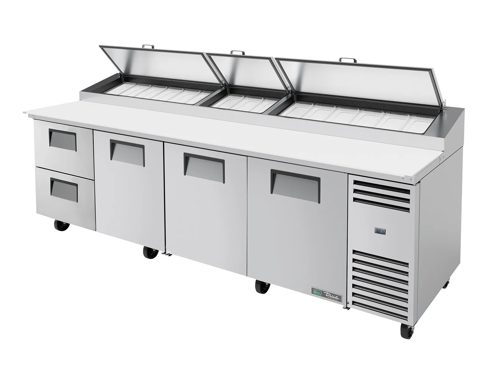 True Refrigeration TPP-AT-119D-2-HC - Pizza Prep Table, 15x 1/3 Top Pans, 2 Drawers + 3 Solid Swing Doors