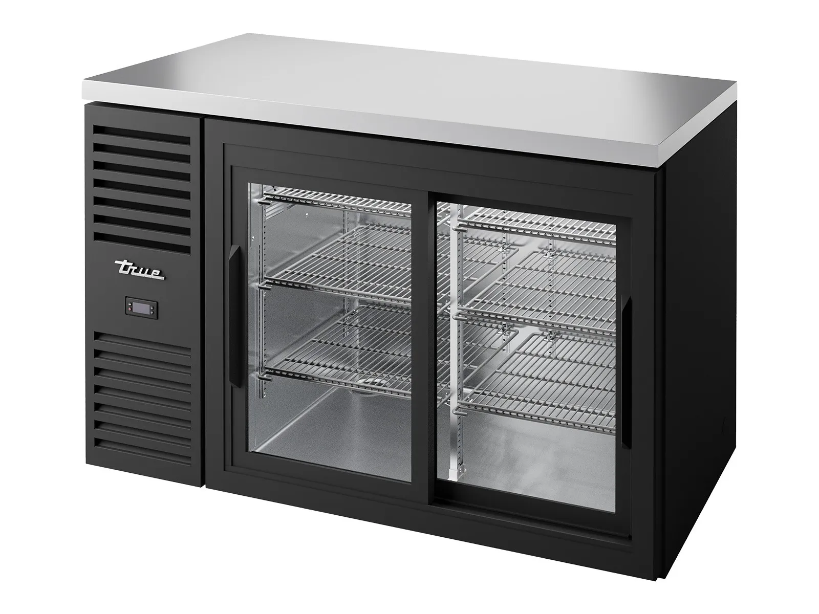 True Refrigeration TBR52-RISZ1-L-B-11-2 - Bar Refrigerator, Black Ext, 2 Glass Slide Doors