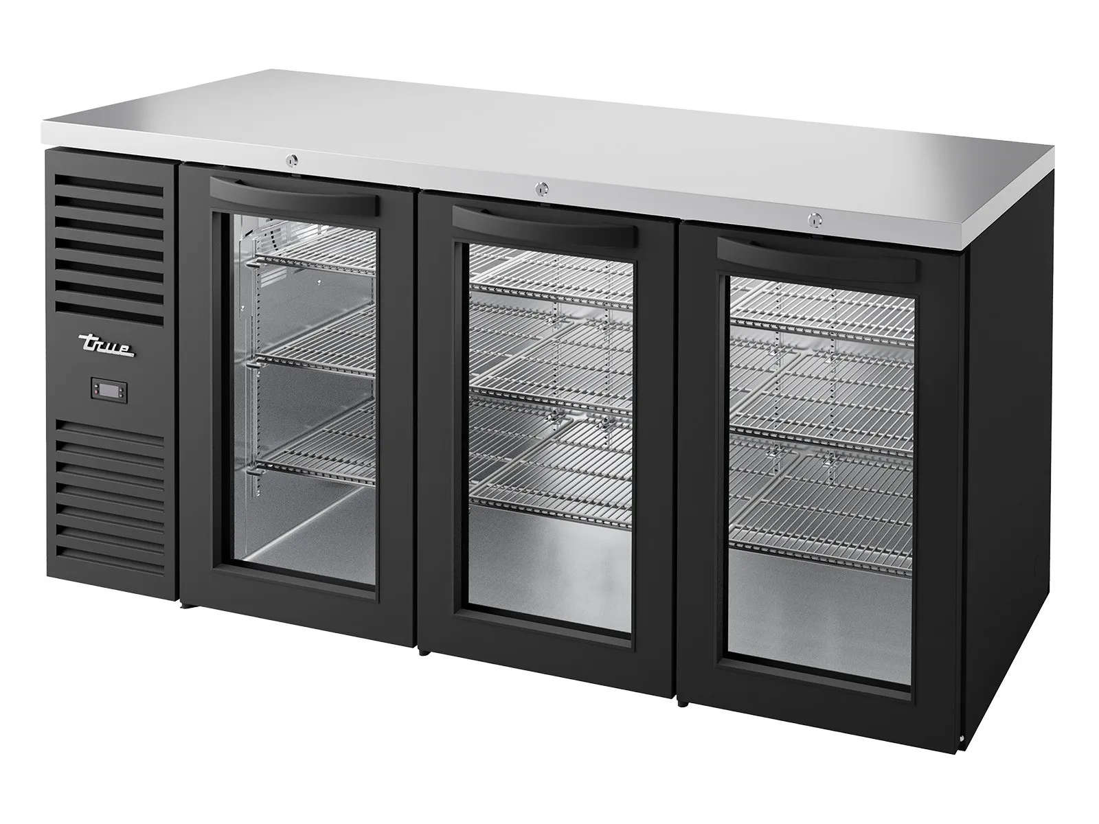True Refrigeration TBR72-RISZ1-L-B-GGG-2 - Bar Refrigerator, Black Ext, 3 Glass Swing Doors