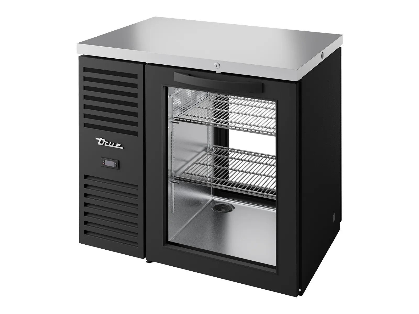 True Refrigeration TBR36-PTSZ1-L-B-G-G-2 - "Pass-Thru" Bar Refrigerator, Black Ext, 1 Glass Swing Door Front, 1 Glass Swing Door Rear