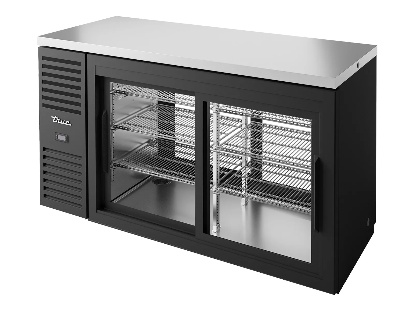 True Refrigeration TBR60-PTSZ1-L-B-11-11-2 - "Pass-Thru" Bar Refrigerator, Black Ext, 2 Glass Slide Doors Front, 2 Glass Slide Doors Rear