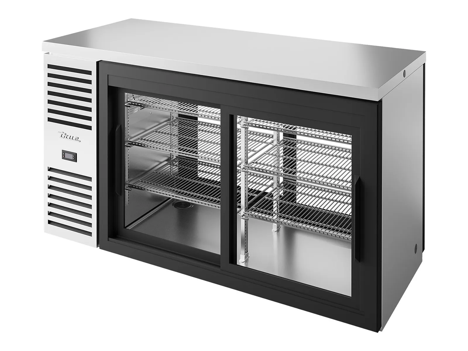 True Refrigeration TBR60-PTSZ1-L-S-11-11-2 - "Pass-Thru" Bar Refrigerator, Stainless Steel Ext, 2 Glass Slide Doors Front, 2 Glass Slide Doors Rear