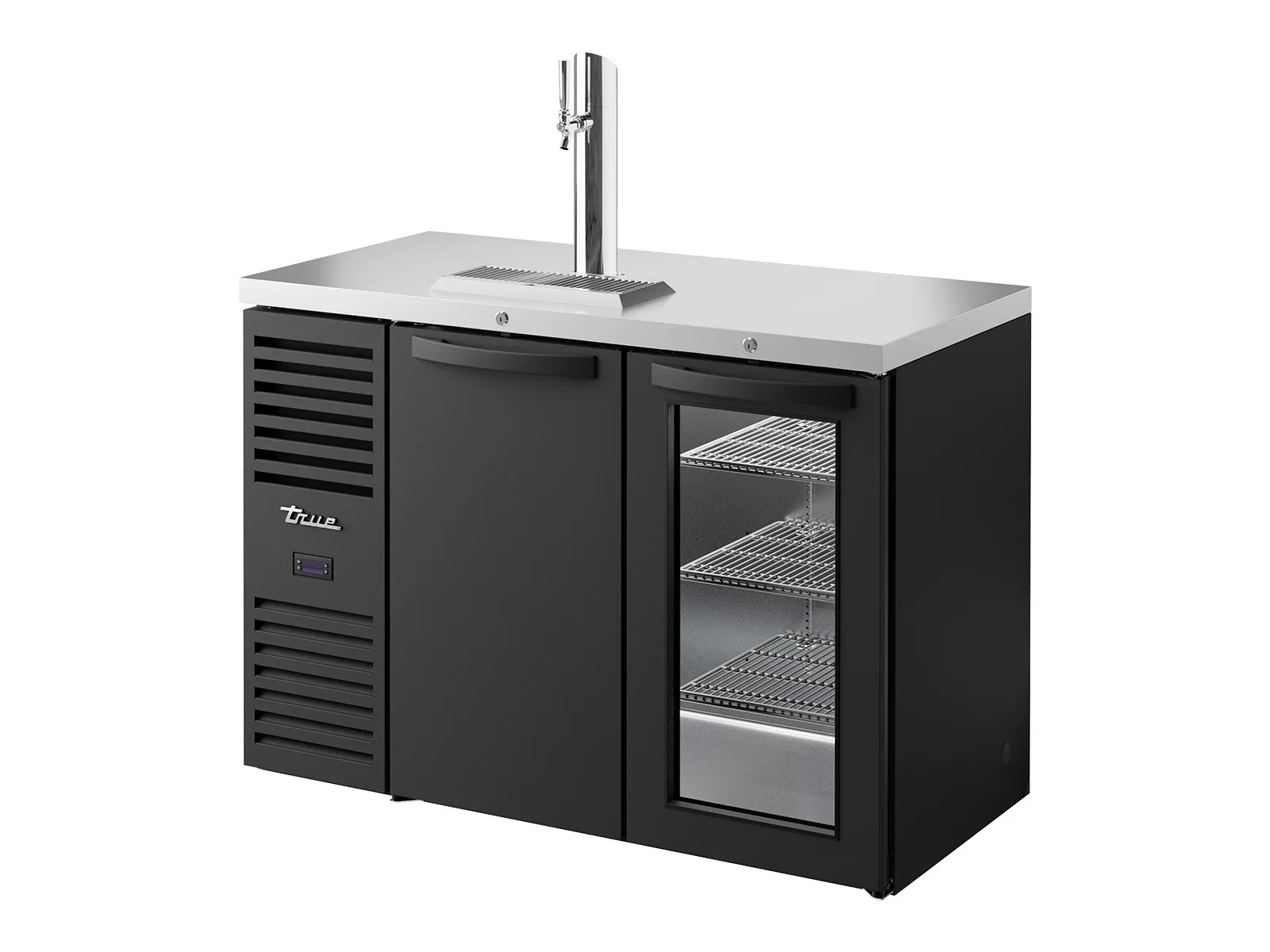 True Refrigeration TDR48-RISZ1-L-B-SG-2 - Keg Chiller / Dispenser, Black Ext, 1 Solid Swing Door + 1 Glass Swing Door