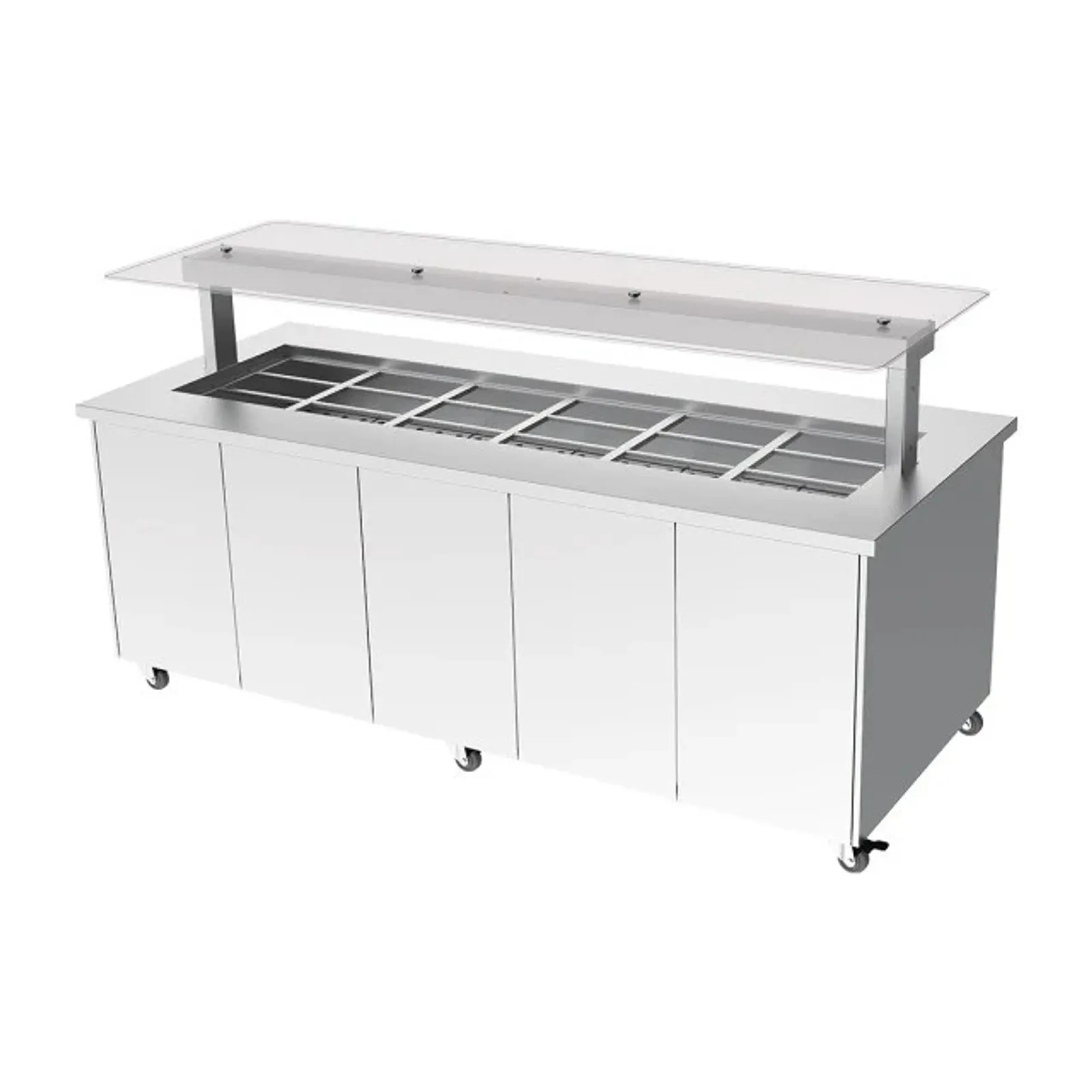 Culinaire CH.IBSS.BMC.U.GSF.6 Mobile Island Buffet - Heated - Flat Glass Gantry - Stainless Steel Top and Stainless Steel Panels - 6Mod