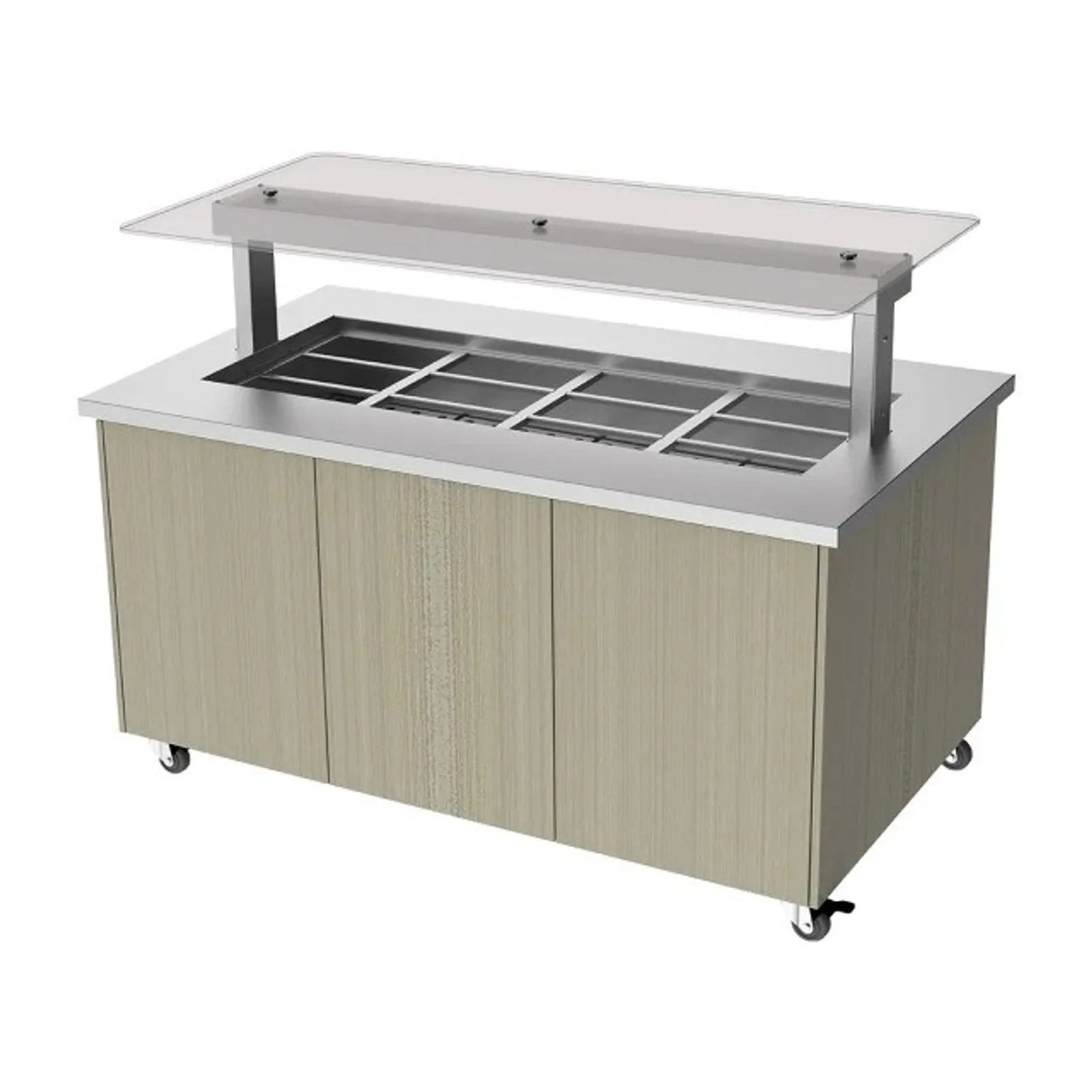 Culinaire CH.IBSJ.BMC.U.GSF.4 Mobile Island Buffet - Heated - Flat Glass Gantry - Stainless Steel Top and Joinery Panels - 4Mod
