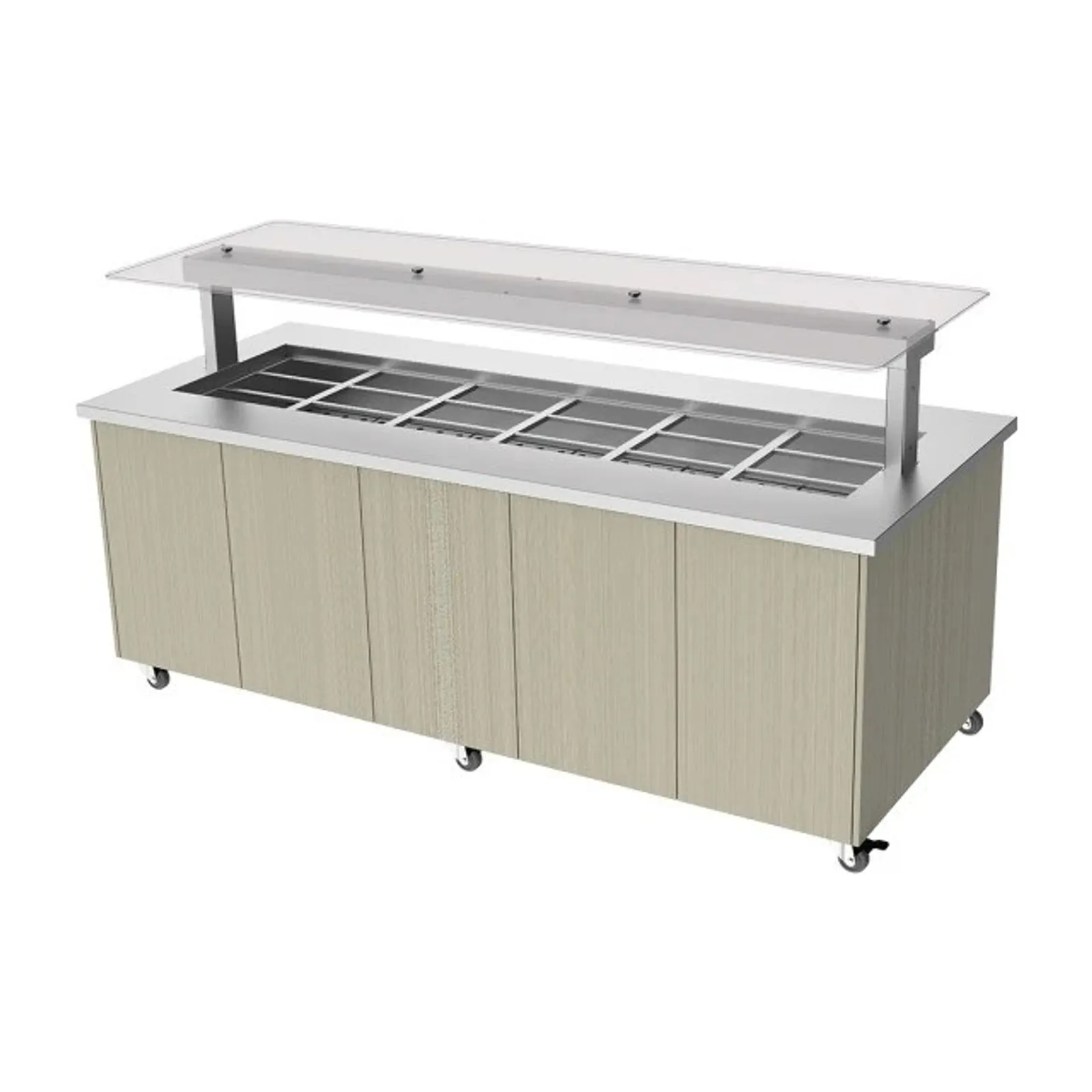 Culinaire CH.IBSJ.BMC.U.GSF.6 Mobile Island Buffet - Heated - Flat Glass Gantry - Stainless Steel Top and Joinery Panels - 6Mod